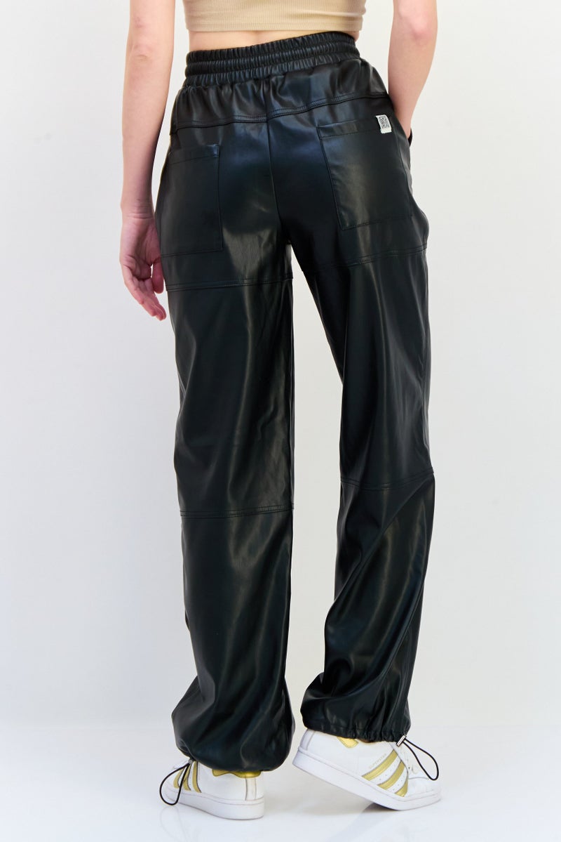 The Giving Movement Women Regular Fit Plain Leather Jogger Pants, Black - Image 2