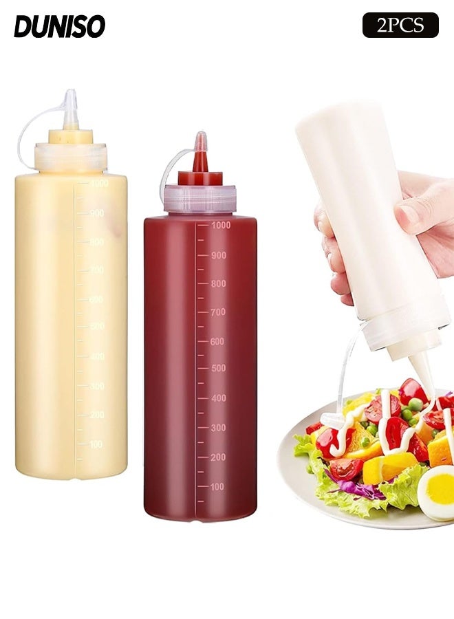 DUNISO عبوة 2 حزمة 1000 مل زجاجات توابل بلاستيكية قابلة للضغط، موزعات صلصة متعددة الأغراض واضحة للشراب، الكاتشب، زيت التتبيل والعسل، مقاومة للتسرب وقابلة للحمل - Image 1