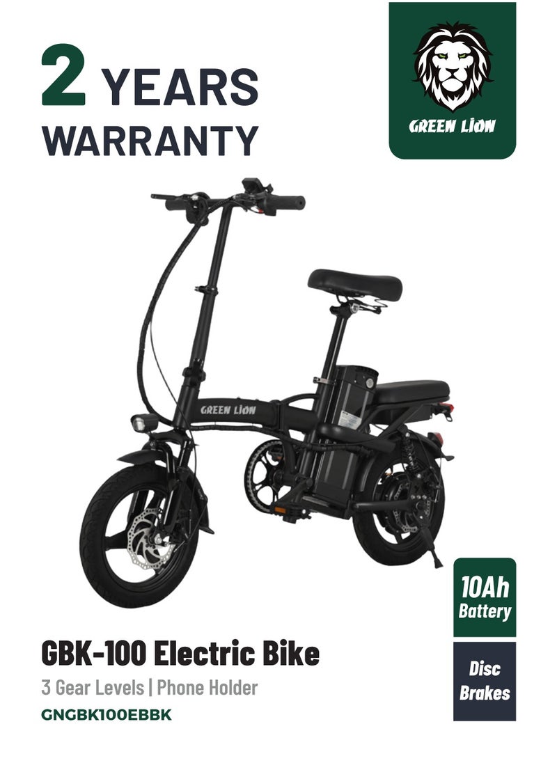 GREEN LION GBK-100 Electric Bike with 3 Gear Levels and Phone Holder / High Carbon Steel / Foldable Foot Pedal / Front and Rear Disk Brakes / Durable and Safe Electric Bicycle 350W - Black  - Image 1