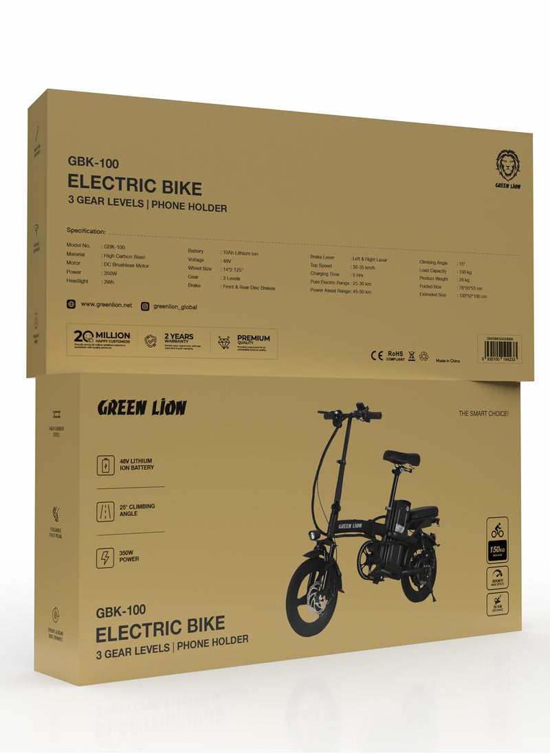GREEN LION GBK-100 Electric Bike with 3 Gear Levels and Phone Holder / High Carbon Steel / Foldable Foot Pedal / Front and Rear Disk Brakes / Durable and Safe Electric Bicycle 350W - Black  - Image 4