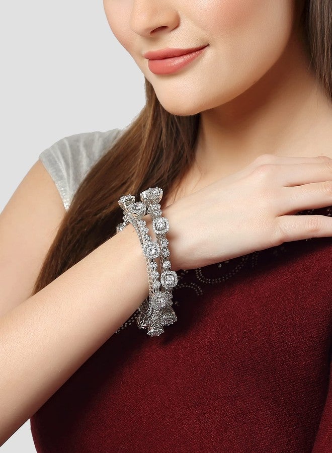 Karatcart Cubic Zirconia Studded Set of 2 Silver-Plated Bangles for Women - Image 2