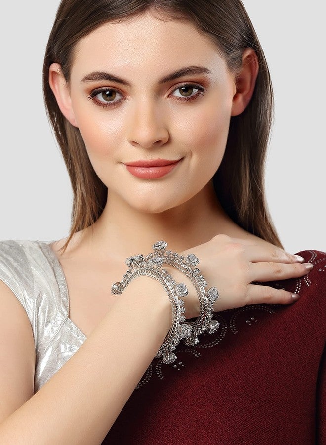 Karatcart Cubic Zirconia Studded Set of 2 Silver-Plated Bangles for Women - Image 3