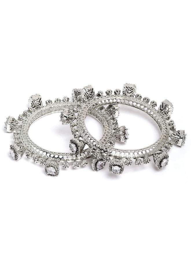 Karatcart Cubic Zirconia Studded Set of 2 Silver-Plated Bangles for Women - Image 1