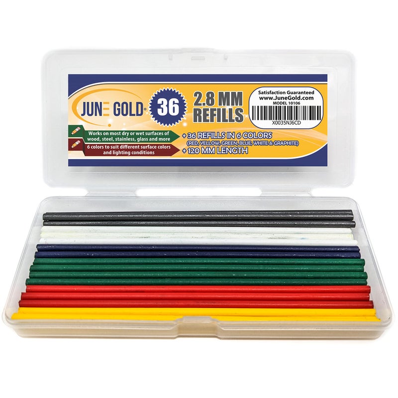 June Gold 36 Colored 2.8 mm Lead Refills, 6 Colors, Deep or Long Reach Nose & Nib Pencil Refills - Image 1