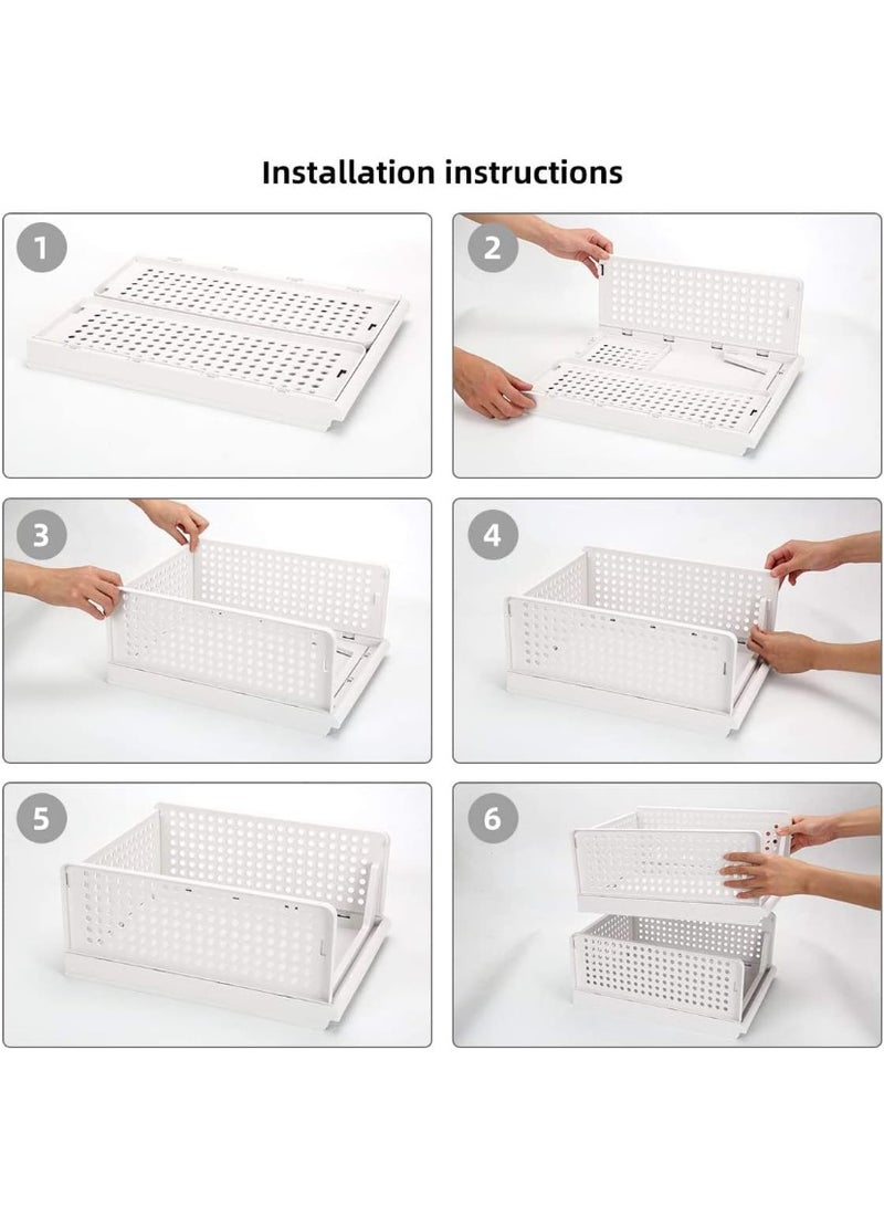 DUNISO 4 Pcs Stackable Plastic Storage Basket,Large Foldable Closet Organizer, Stackable Drawer，Durable and Sturdy, Saving Space，for Wardrobe Cabinet Kitchen Bathroom Office，42.5*33.5*18.5cm，White - Image 3