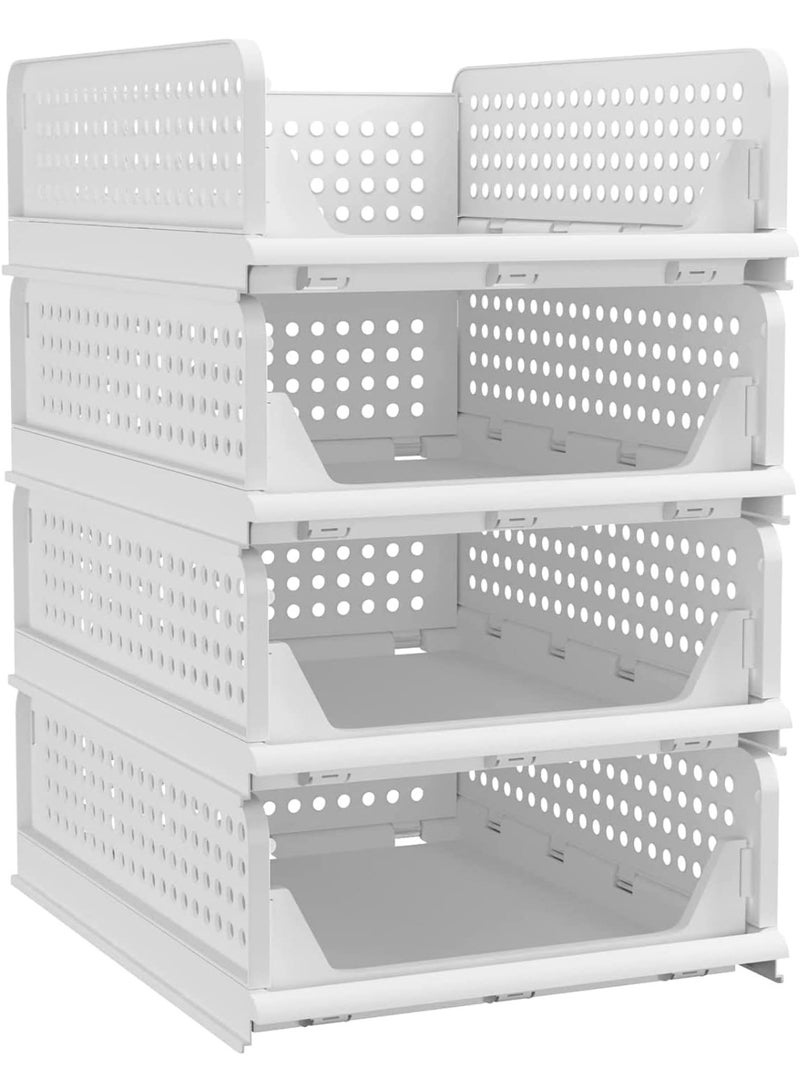 DUNISO 4 Pcs Stackable Plastic Storage Basket,Large Foldable Closet Organizer, Stackable Drawer，Durable and Sturdy, Saving Space，for Wardrobe Cabinet Kitchen Bathroom Office，42.5*33.5*18.5cm，White - Image 1