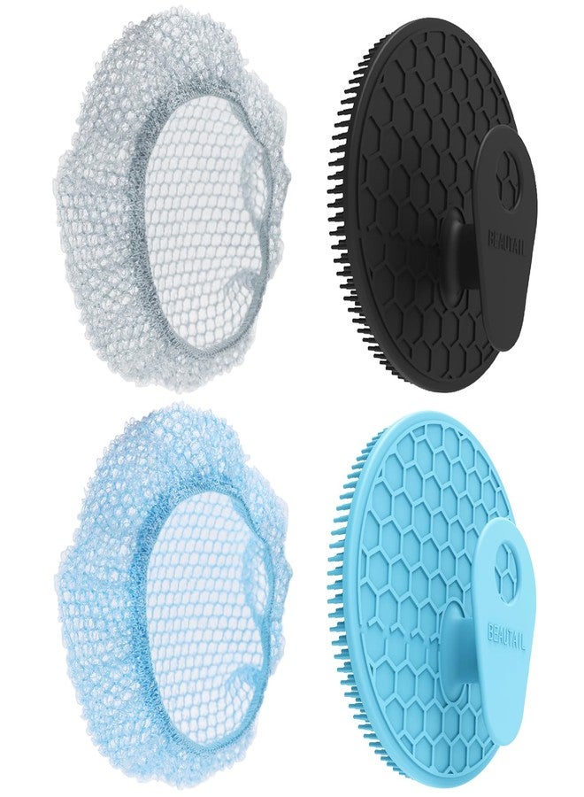 BEAUTAIL Silicone Body Scrubber with Scrub Net Set, BEAUTAIL 4 Pack for Rich Lather, Deep Cleansing, and Exfoliation - Durable, Easy to Clean, Gentle or Firmer Options - 2 Brushes (BK+BL), 2 Scrub Nets (GY+BL) - Image 1