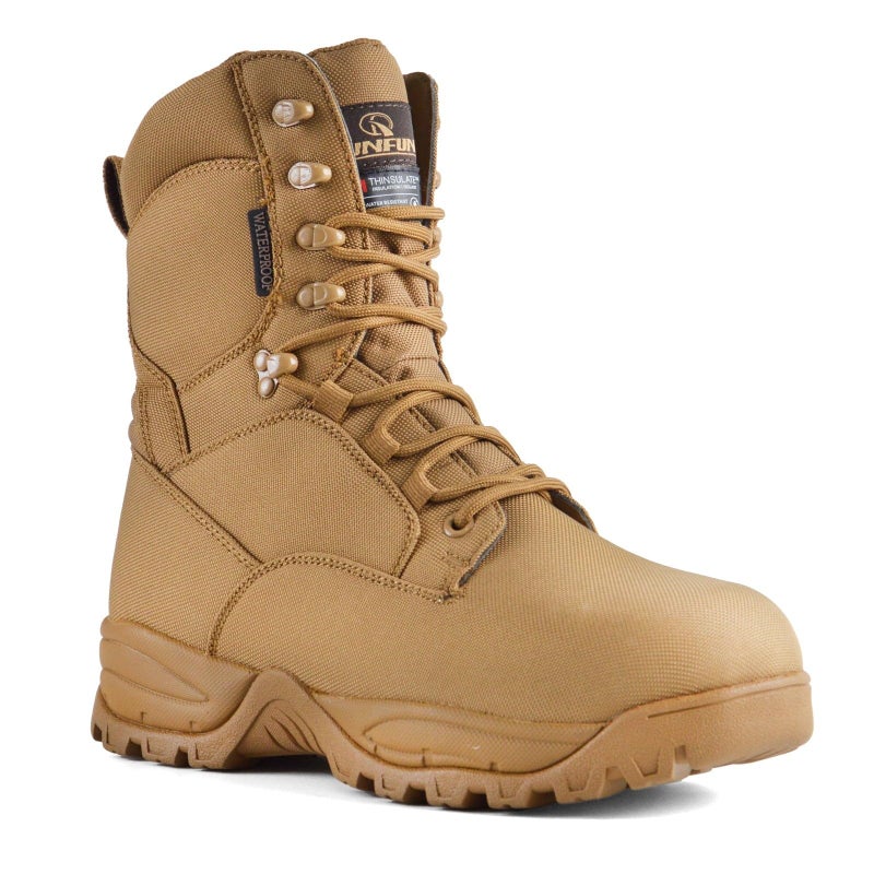 R RUNFUN Men's Waterproof Military Tactical Boots Lightweight Work Boot Insulated Hunting Boots, 8 Inches Lace-up Outdoor Boots, 400g Thinsulate(RF2301Brown,Size10) - Image 1