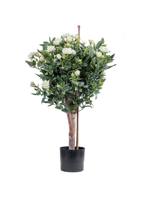 Gulf Flowers Artificial Rose Ball Tree with Real Trunk – 46cm Tall Faux Cream Rose Topiary with 1453 Leaves & 108 Flowers – Elegant Home and Office Decor