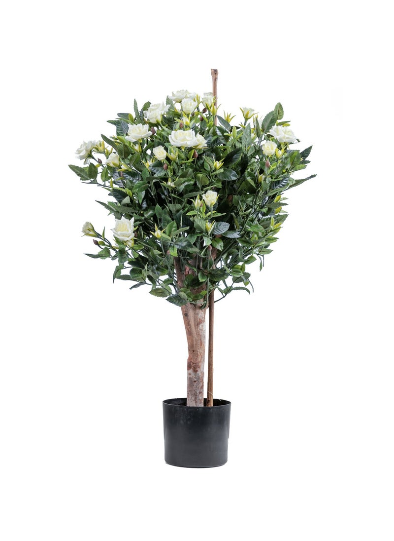 Gulf Flowers Artificial Rose Ball Tree with Real Trunk – 46cm Tall Faux Cream Rose Topiary with 1453 Leaves & 108 Flowers – Elegant Home and Office Decor