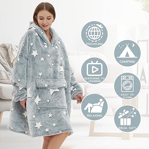 Mewkou Glow in The Dark Wearable Blanket Hoodie for Adult,Oversized Sherpa Fleece Blanket Hoodie for Women Men,Luminous Stars - Image 4