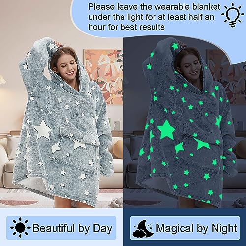 Mewkou Glow in The Dark Wearable Blanket Hoodie for Adult,Oversized Sherpa Fleece Blanket Hoodie for Women Men,Luminous Stars - Image 2