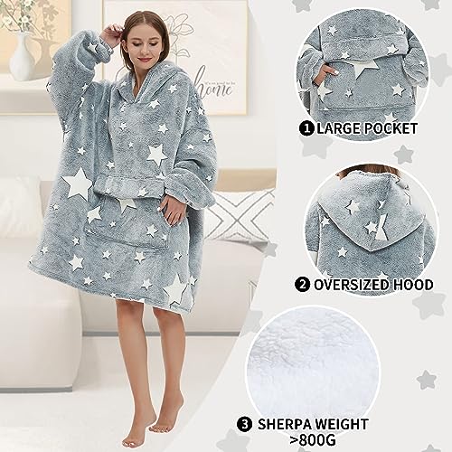 Mewkou Glow in The Dark Wearable Blanket Hoodie for Adult,Oversized Sherpa Fleece Blanket Hoodie for Women Men,Luminous Stars - Image 3