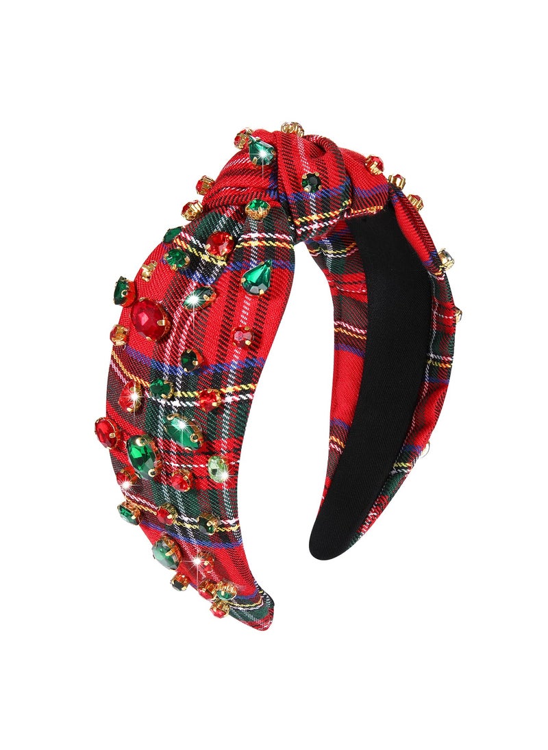 Boderier boderier Christmas Headbands for Women Red Plaid Headband Jeweled Crystal Wide Knotted Headband Xmas Holiday Hair Accessories Gifts Red Plaid 