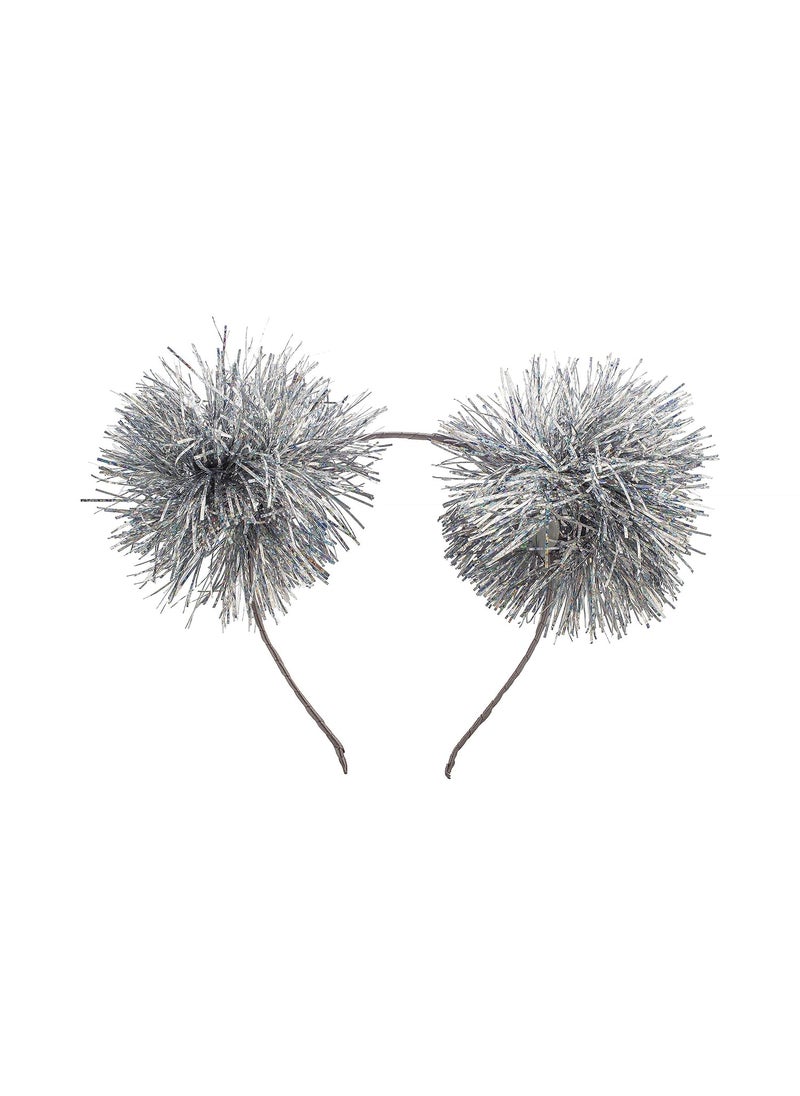Lux Accessories - LUX ACCESSORIES Foil Strips Pom Poms Style Cat Ears Fashion Headband SILVER - Image 1