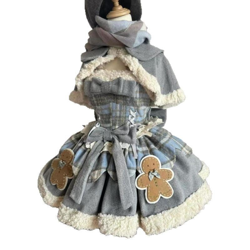 Sweet And Cute Lolita Spliced ​​Plush Cape Heavy Bow Printed Suspender Dress Two-Piece Set - Image 5