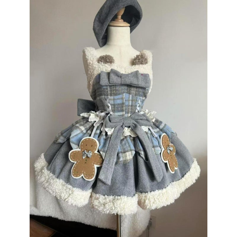 Sweet And Cute Lolita Spliced ​​Plush Cape Heavy Bow Printed Suspender Dress Two-Piece Set - Image 3