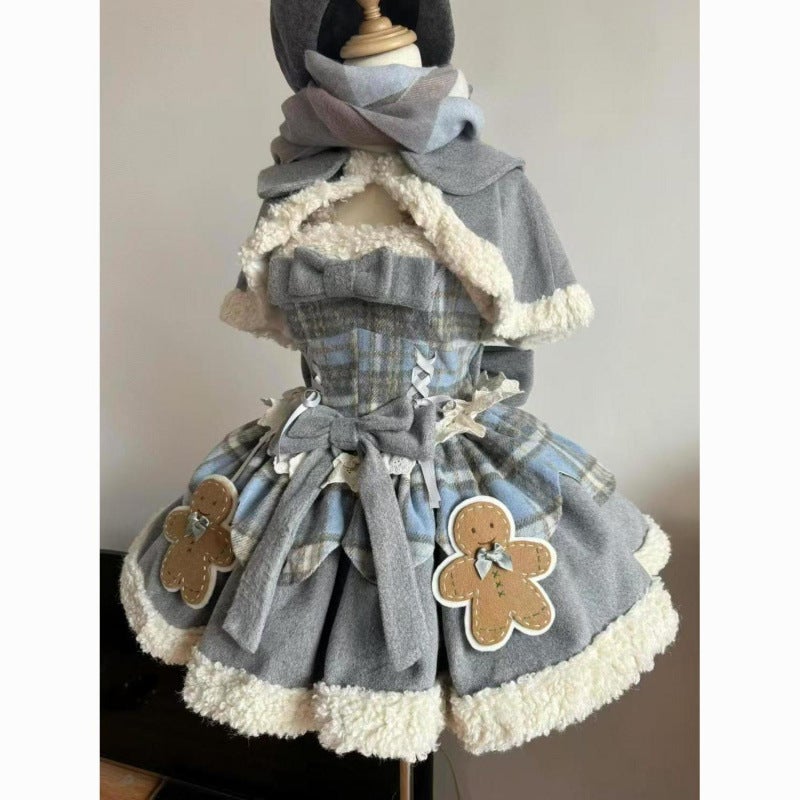 Sweet And Cute Lolita Spliced ​​Plush Cape Heavy Bow Printed Suspender Dress Two-Piece Set - Image 2