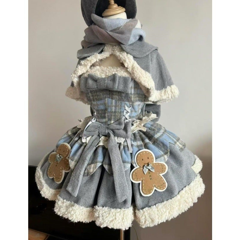 Sweet And Cute Lolita Spliced ​​Plush Cape Heavy Bow Printed Suspender Dress Two-Piece Set - Image 1