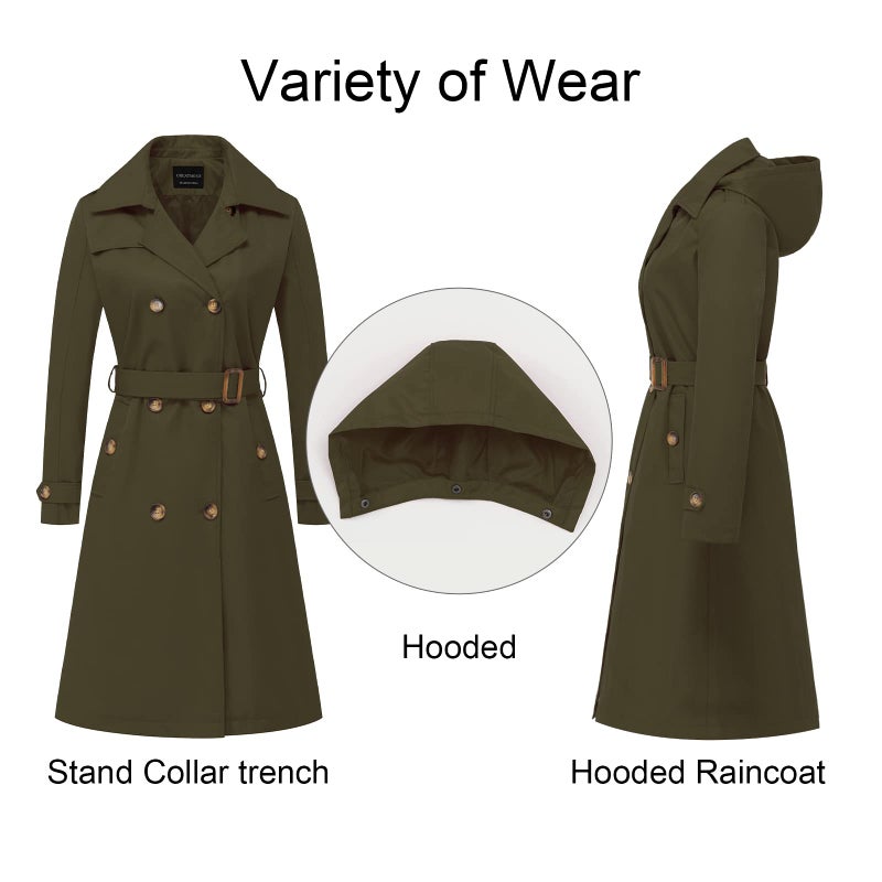 CREATMO US Womens Waterproof Long Winter Coats Trench Coat Mid Length Army Green XS - Image 3