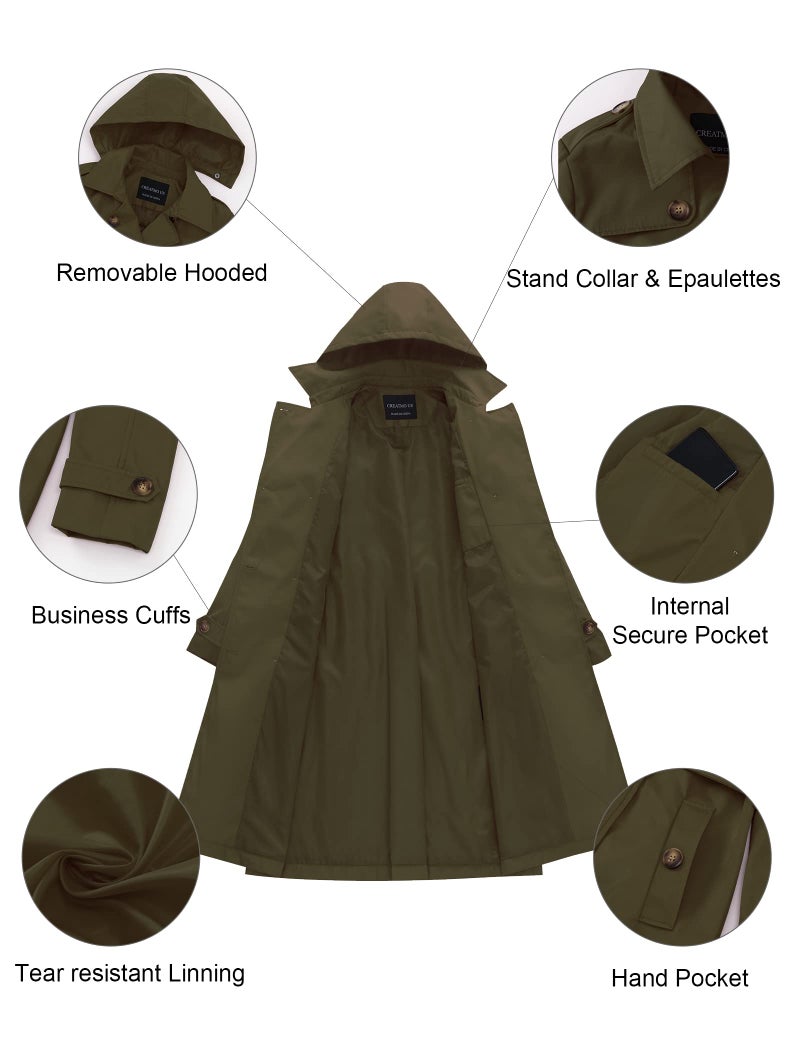 CREATMO US Womens Waterproof Long Winter Coats Trench Coat Mid Length Army Green XS - Image 5
