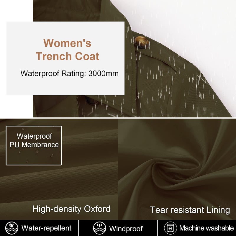 CREATMO US Womens Waterproof Long Winter Coats Trench Coat Mid Length Army Green XS - Image 4