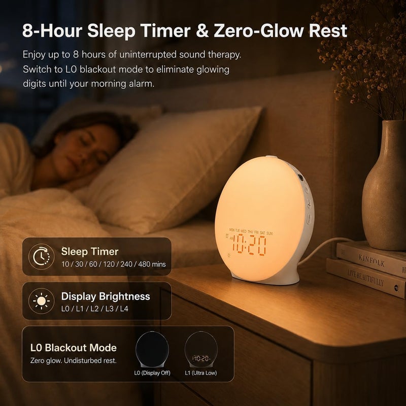 Jall Sleep Sound Machine Sunrise Alarm Clock with 25 White Noise Nature Sounds, Wake Up Light for Bedrooms, Bluetooth Speaker, 8-Hour Sleep Timer, 17 Color Dimmable Lights - Image 4