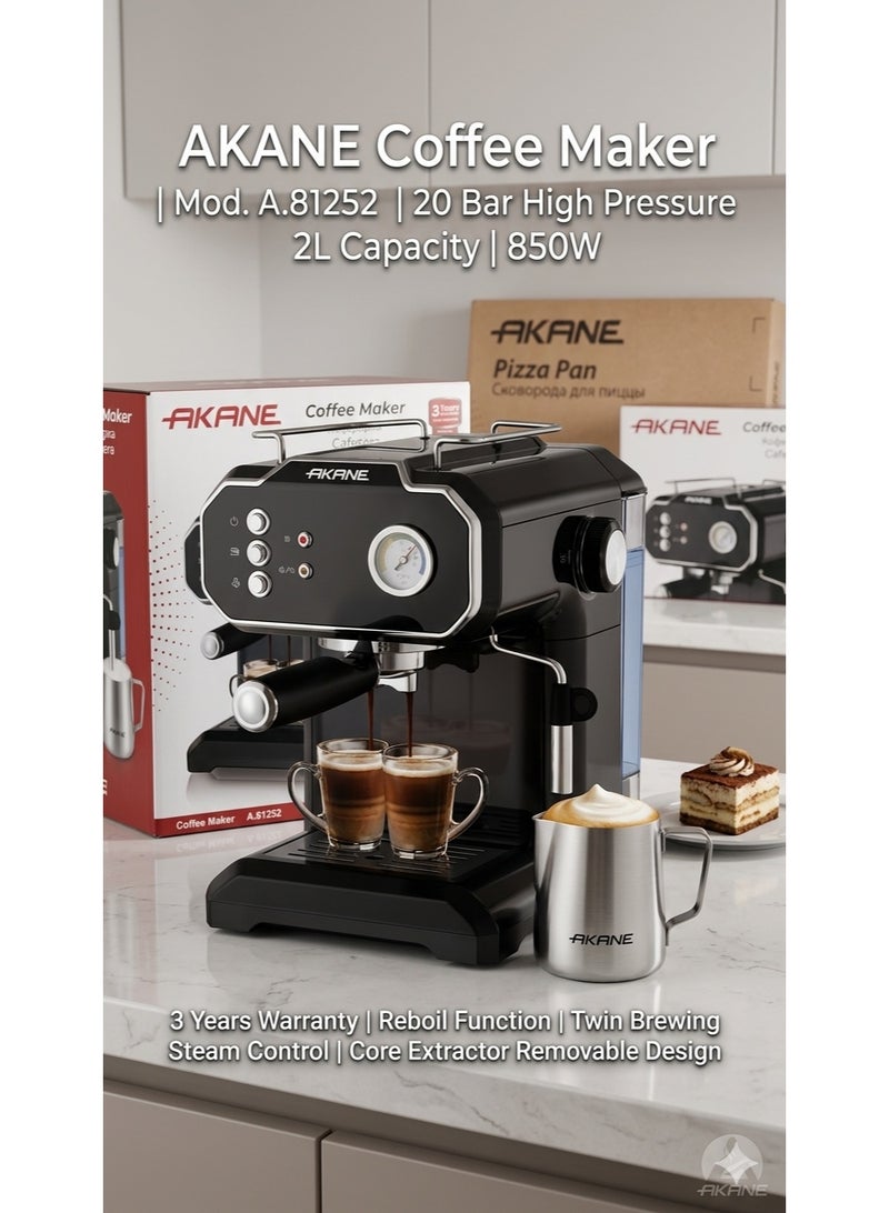 Akane Espresso & Cappuccino Coffee Maker, 20 Bar High Pressure Pump, 2.0L Capacity, 850W, Model A.81252 - Image 2