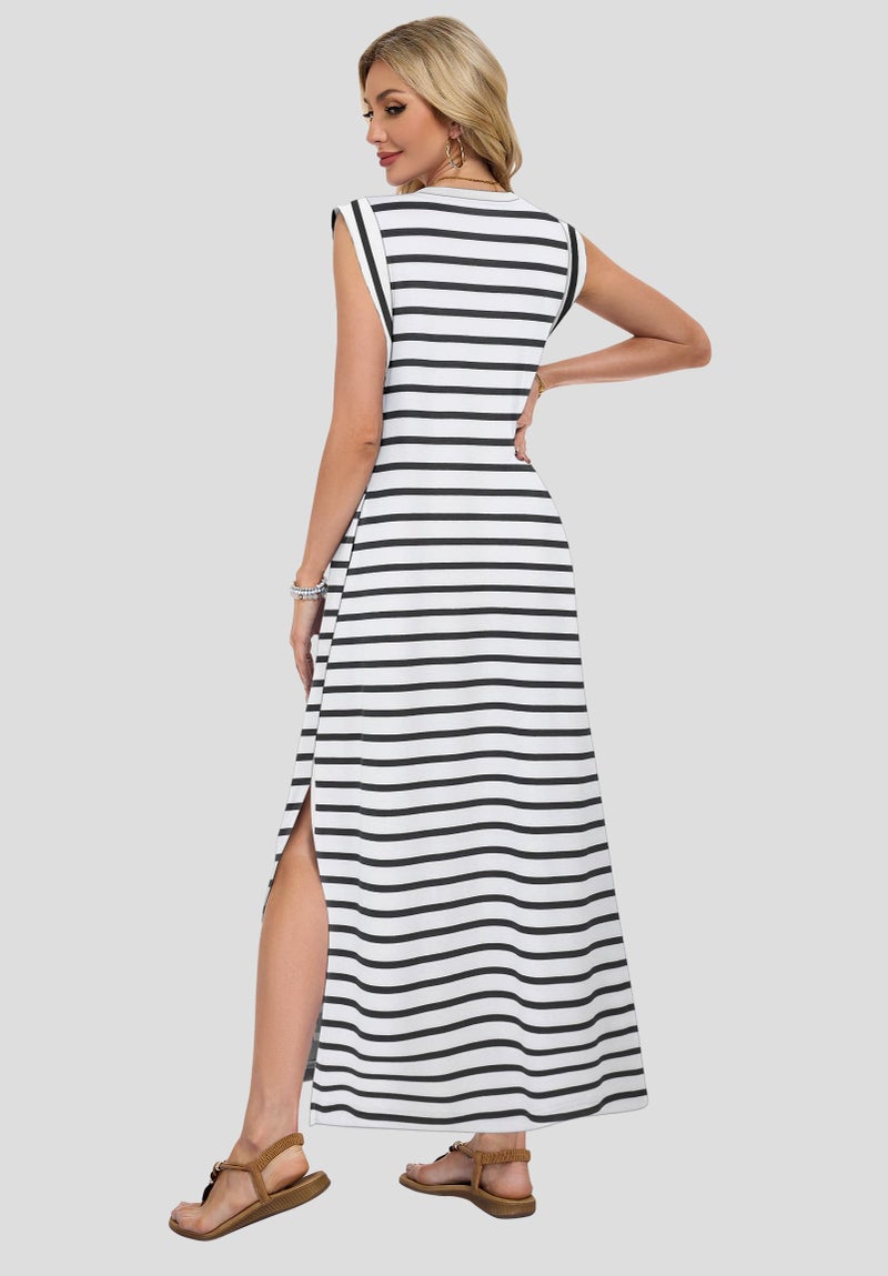 AUSELILY Sundresses for Women Wrinkle Free Casual Travel V Neck Split Sleeveless Loose Long Maxi Dress with Pockets 2026 White Black Stripes M - Image 5