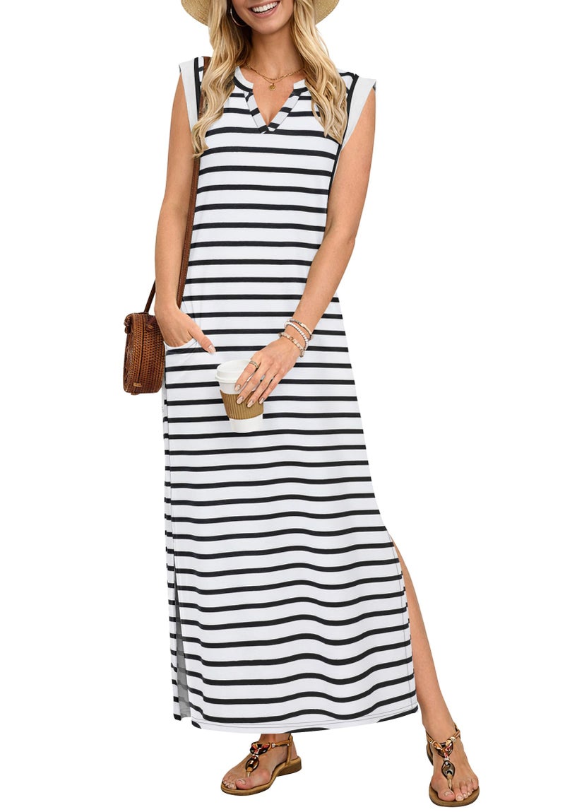 AUSELILY Sundresses for Women Wrinkle Free Casual Travel V Neck Split Sleeveless Loose Long Maxi Dress with Pockets 2026 White Black Stripes M - Image 1