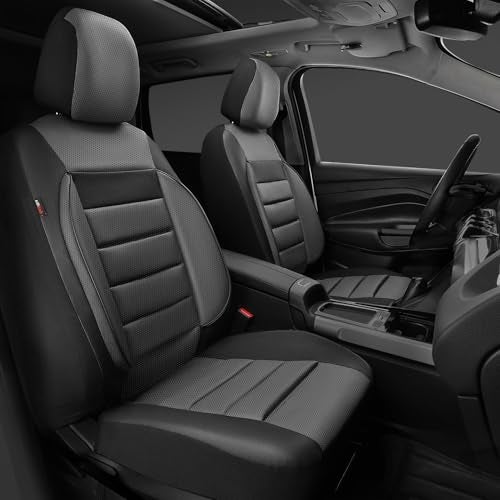 CAR PASS أغطية مقاعد جلدية CAR PASS مجموعة كاملة عالمية مقاومة للماء دعم ظهر من رغوة 3D، راحة فاخرة 5 أغطية مقاعد سيارات تناسب جميع الفصول SUV، سيدان، فان، متوافقة مع الوسائد الهوائية أناقة (رمادي أسود) - Image 4