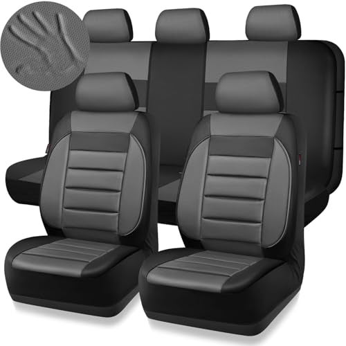 CAR PASS أغطية مقاعد جلدية CAR PASS مجموعة كاملة عالمية مقاومة للماء دعم ظهر من رغوة 3D، راحة فاخرة 5 أغطية مقاعد سيارات تناسب جميع الفصول SUV، سيدان، فان، متوافقة مع الوسائد الهوائية أناقة (رمادي أسود) - Image 1