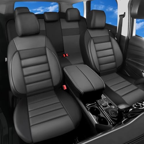 CAR PASS أغطية مقاعد جلدية CAR PASS مجموعة كاملة عالمية مقاومة للماء دعم ظهر من رغوة 3D، راحة فاخرة 5 أغطية مقاعد سيارات تناسب جميع الفصول SUV، سيدان، فان، متوافقة مع الوسائد الهوائية أناقة (رمادي أسود) - Image 2