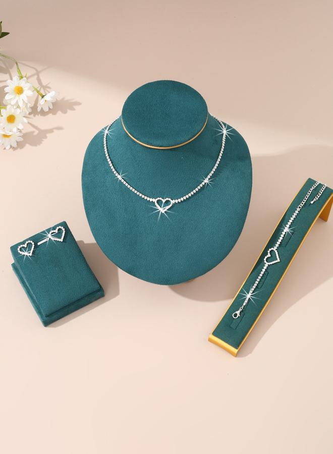 Take Two Embellished Heart Decor Necklace, Bracelet and Earrings Jewelry Set - Image 1