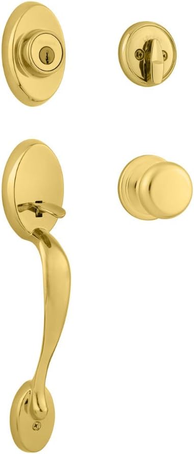 Kwikset Kwikset Chelsea Front Door Lock Handle and Deadbolt Set Entry Handleset Exterior with Interior Door Knob Lifetime Polished Brass Pick Resistant SmartKey Rekey Deadbolt Security  - Image 1