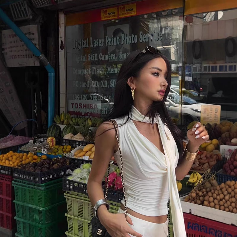 سترة نسائية بلا أكمام مع ياقة متأرجحة وخصر نحيف لصيف سبايس جيرلز بلوزة بنفسجية ضيقة بحبال للارتداء الخارجي أوروبية - Image 2