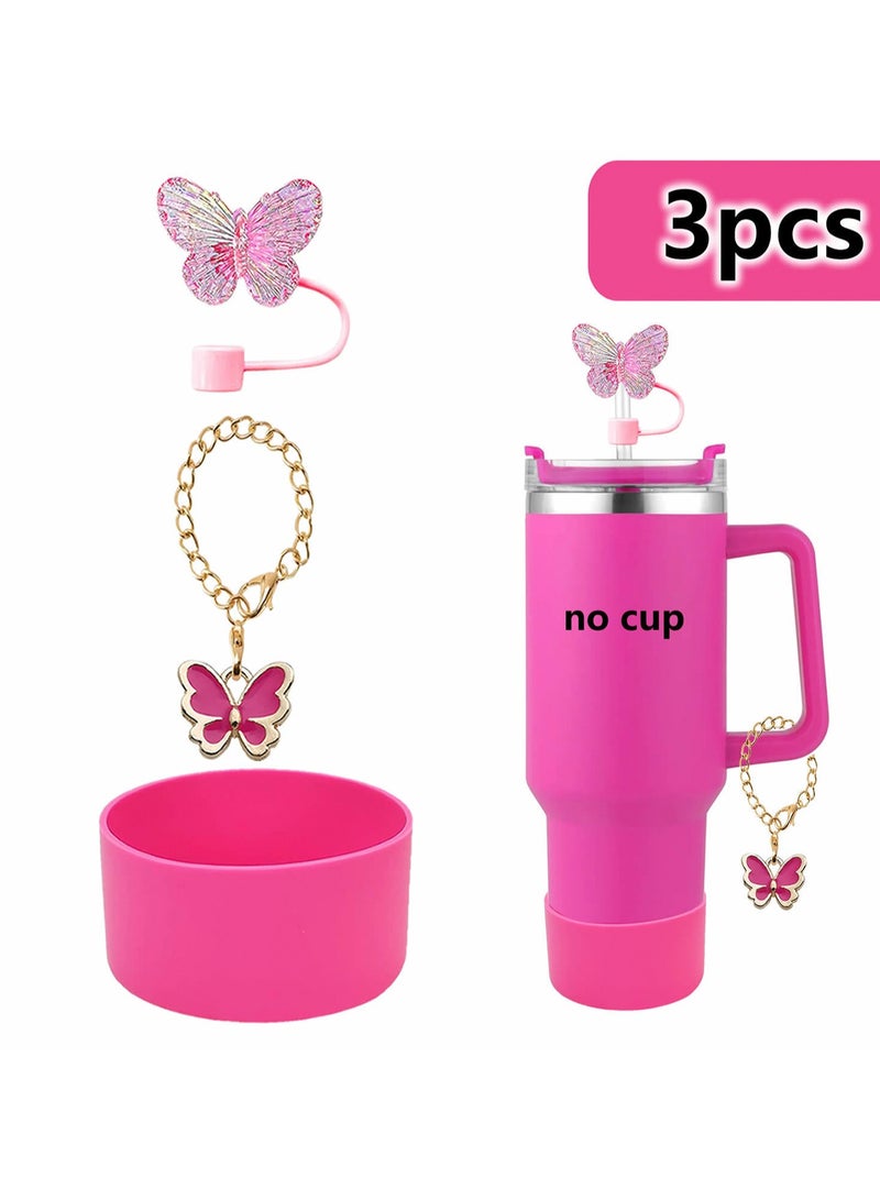 Generic Three-Piece Water Cup Butterfly Decoration Straw Cover Silicone Cup Cover Resin Butterfly Cup Chain Ins Key Pendant (Rose Red) - Image 1