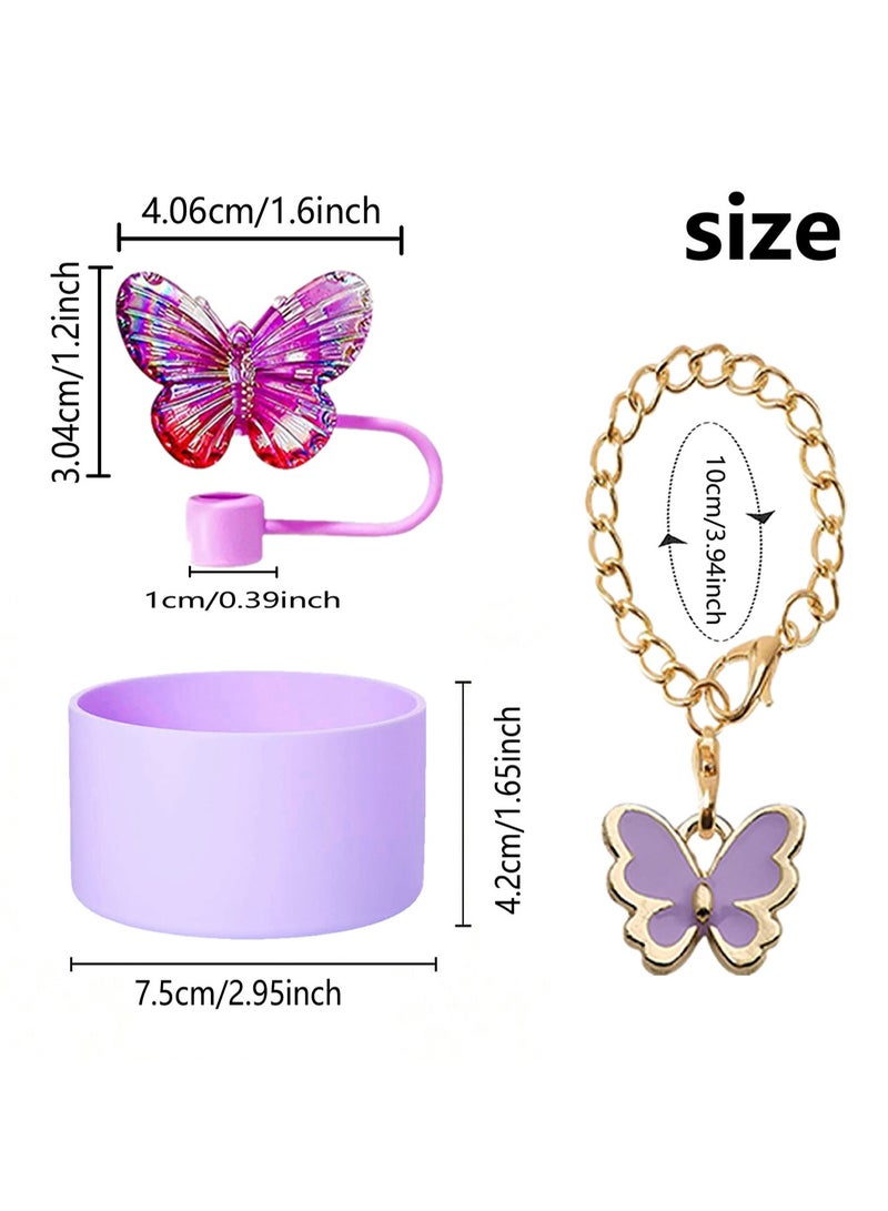 Generic Three-Piece Water Cup Butterfly Decoration Straw Cover Silicone Cup Cover Resin Butterfly Cup Chain Ins Key Pendant (Rose Red) - Image 2