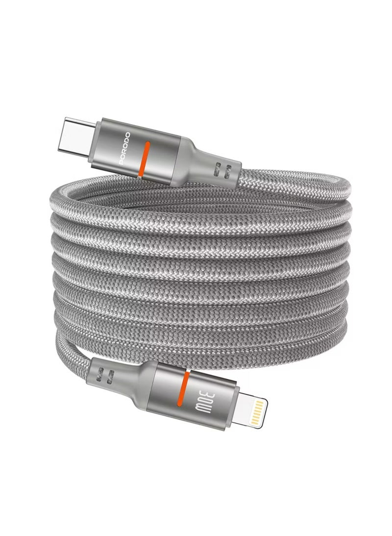بورودو كابل مضفر مغناطيسي من Type-C إلى Lightning مع توصيل طاقة 30 وات، وطول الكابل 1.2 متر، وعمر افتراضي يزيد عن 15000 ثنية، وتصميم خالٍ من التشابك - رمادي - Image 1