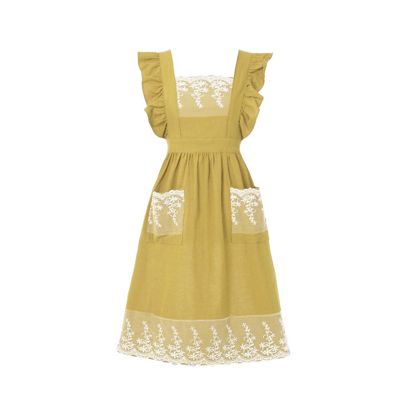 Aoomzoon Aoomzoom Vintage Aprons for Woman with Pockets Cute Lace Ruffle Adjustable Apron for Cooking Kitchen Baking Gardening (Lemon Yellow) - Image 1