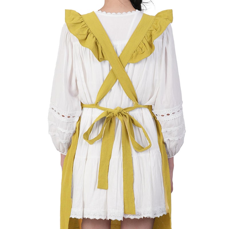 Aoomzoon Aoomzoom Vintage Aprons for Woman with Pockets Cute Lace Ruffle Adjustable Apron for Cooking Kitchen Baking Gardening (Lemon Yellow) - Image 5
