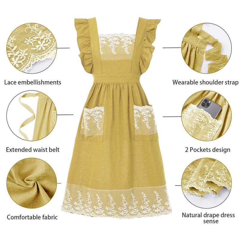 Aoomzoon Aoomzoom Vintage Aprons for Woman with Pockets Cute Lace Ruffle Adjustable Apron for Cooking Kitchen Baking Gardening (Lemon Yellow) - Image 4