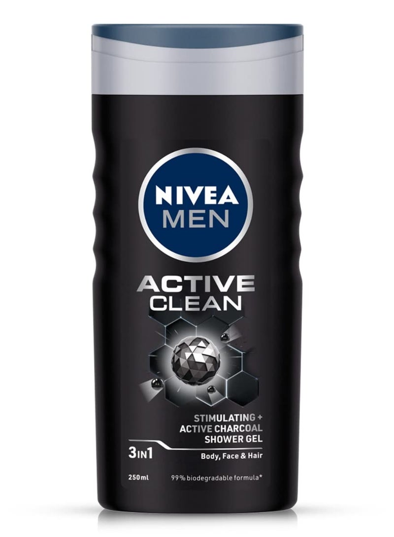 نيفيا غسول الجسم نيفيا للرجال أكتيف كلين مع جل الاستحمام بالفحم النشط للجسم والوجه والشعر 250 مل - Image 1