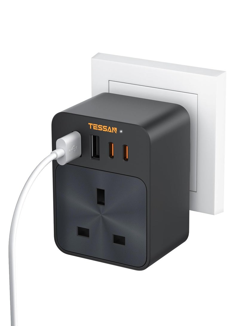 TESSAN 30W USB C Plug Adapter, Fast Charging USB Multi Plug Adaptor with 2 USB A and 2 USB C, USB Wall Charger Sockets Plug Adapter for Home, Kitchen, Office, School Supplies TESSAN TRAVEL Adapter 5 IN 1 Plug Extension 2 USB-C, 2 USB-A, 1 AC Outlet Black - Image 1