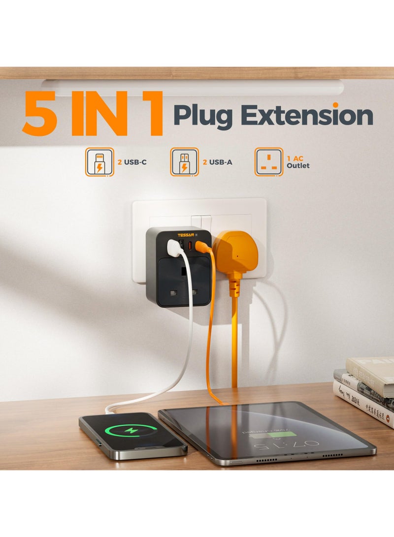 TESSAN 30W USB C Plug Adapter, Fast Charging USB Multi Plug Adaptor with 2 USB A and 2 USB C, USB Wall Charger Sockets Plug Adapter for Home, Kitchen, Office, School Supplies TESSAN TRAVEL Adapter 5 IN 1 Plug Extension 2 USB-C, 2 USB-A, 1 AC Outlet Black - Image 2