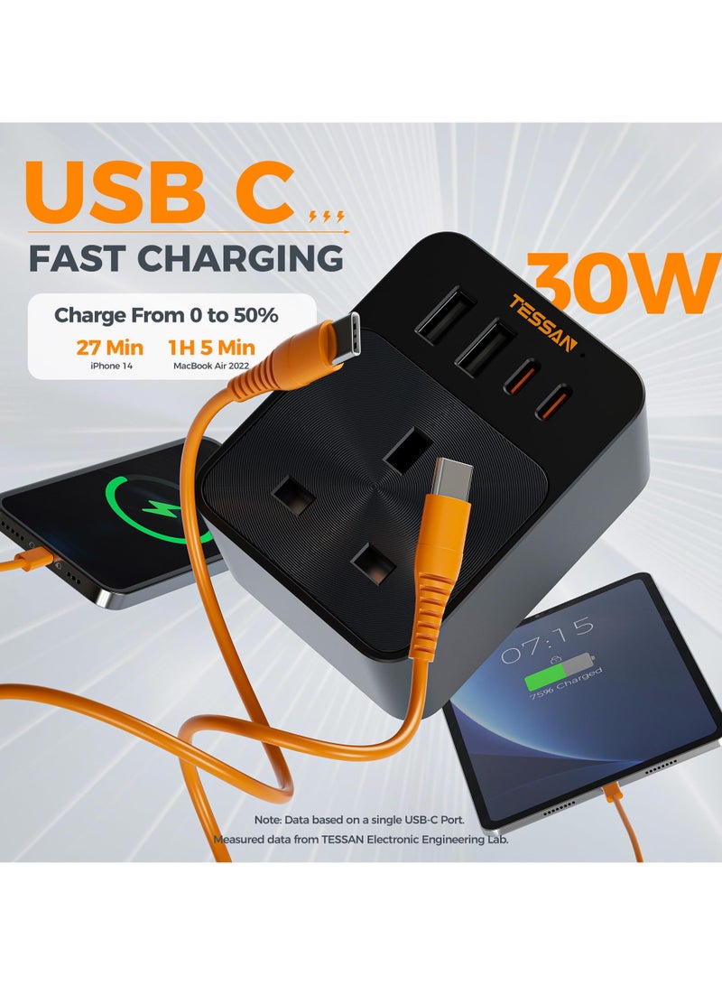 TESSAN 30W USB C Plug Adapter, Fast Charging USB Multi Plug Adaptor with 2 USB A and 2 USB C, USB Wall Charger Sockets Plug Adapter for Home, Kitchen, Office, School Supplies TESSAN TRAVEL Adapter 5 IN 1 Plug Extension 2 USB-C, 2 USB-A, 1 AC Outlet Black - Image 3