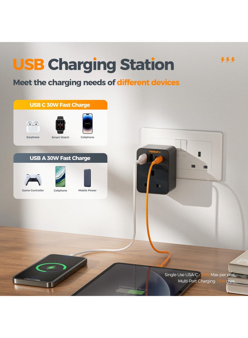 TESSAN 30W USB C Plug Adapter, Fast Charging USB Multi Plug Adaptor with 2 USB A and 2 USB C, USB Wall Charger Sockets Plug Adapter for Home, Kitchen, Office, School Supplies TESSAN TRAVEL Adapter 5 IN 1 Plug Extension 2 USB-C, 2 USB-A, 1 AC Outlet Black - Image 4
