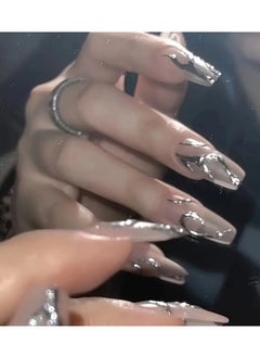 ORiTi 24pcs Fake Nails, Nude Pink Press On Nails With Silver Ripple Design, Glossy Full Cover Medium Almond False Nails For Women And Girls  - Image 2