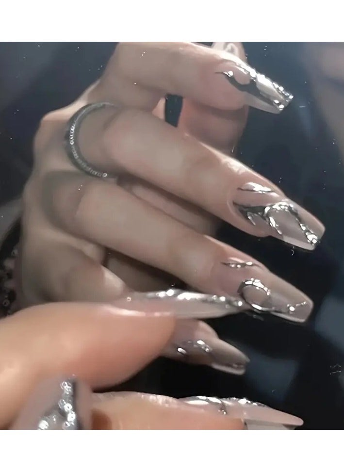ORiTi 24pcs Fake Nails, Nude Pink Press On Nails With Silver Ripple Design, Glossy Full Cover Medium Almond False Nails For Women And Girls  - Image 2