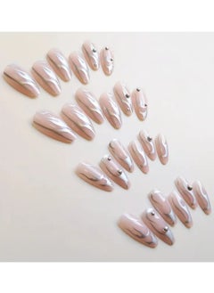 ORiTi 24pcs Fake Nails, Nude Pink Press On Nails With Silver Ripple Design, Glossy Full Cover Medium Almond False Nails For Women And Girls  - Image 3